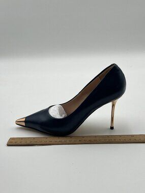 FOWT Black Metal Sqaure Cap Toe Pumps Slip on Gold Stiletto High Heels Shoes